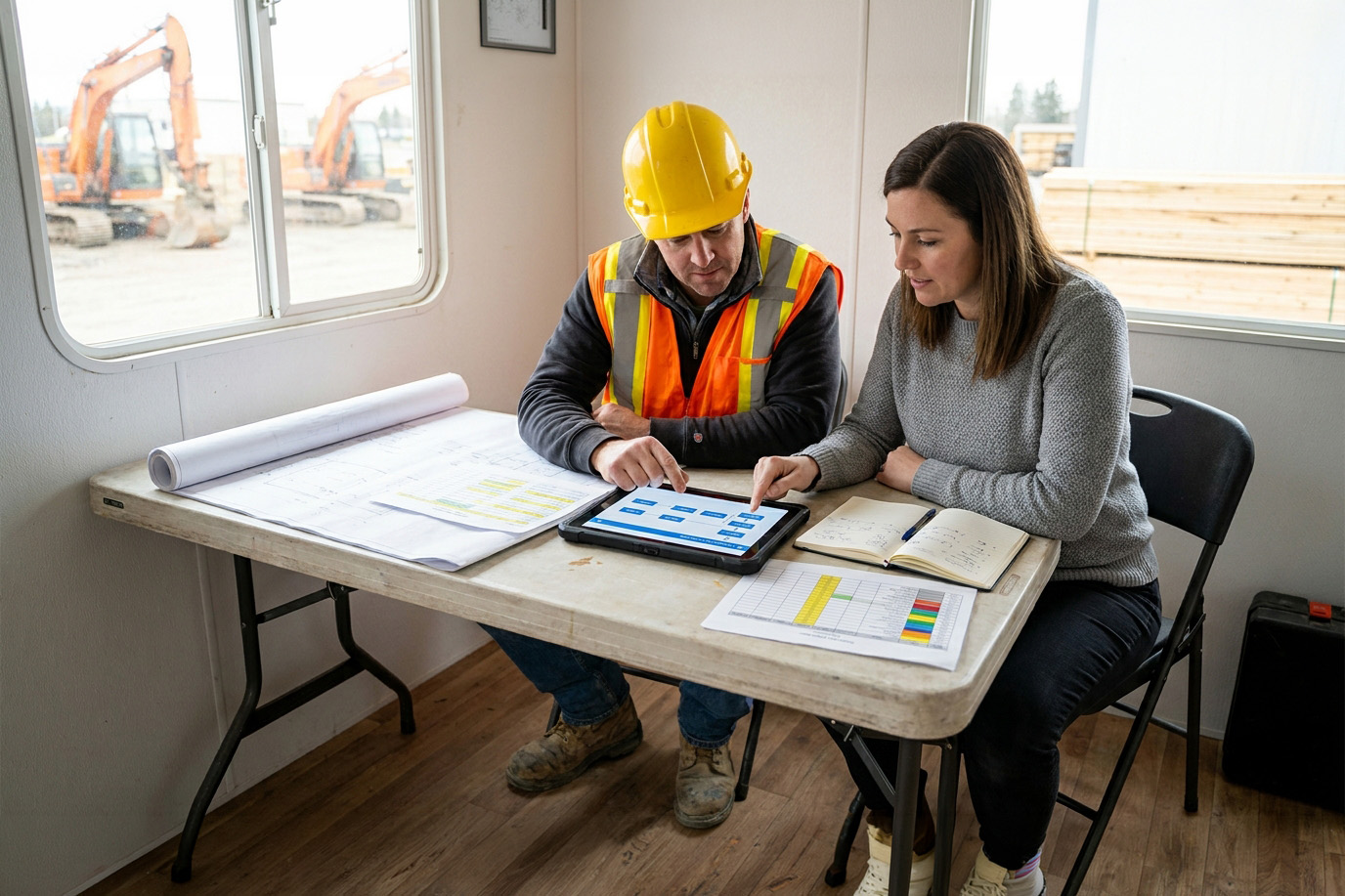 Construction team reviewing project information together on a tablet