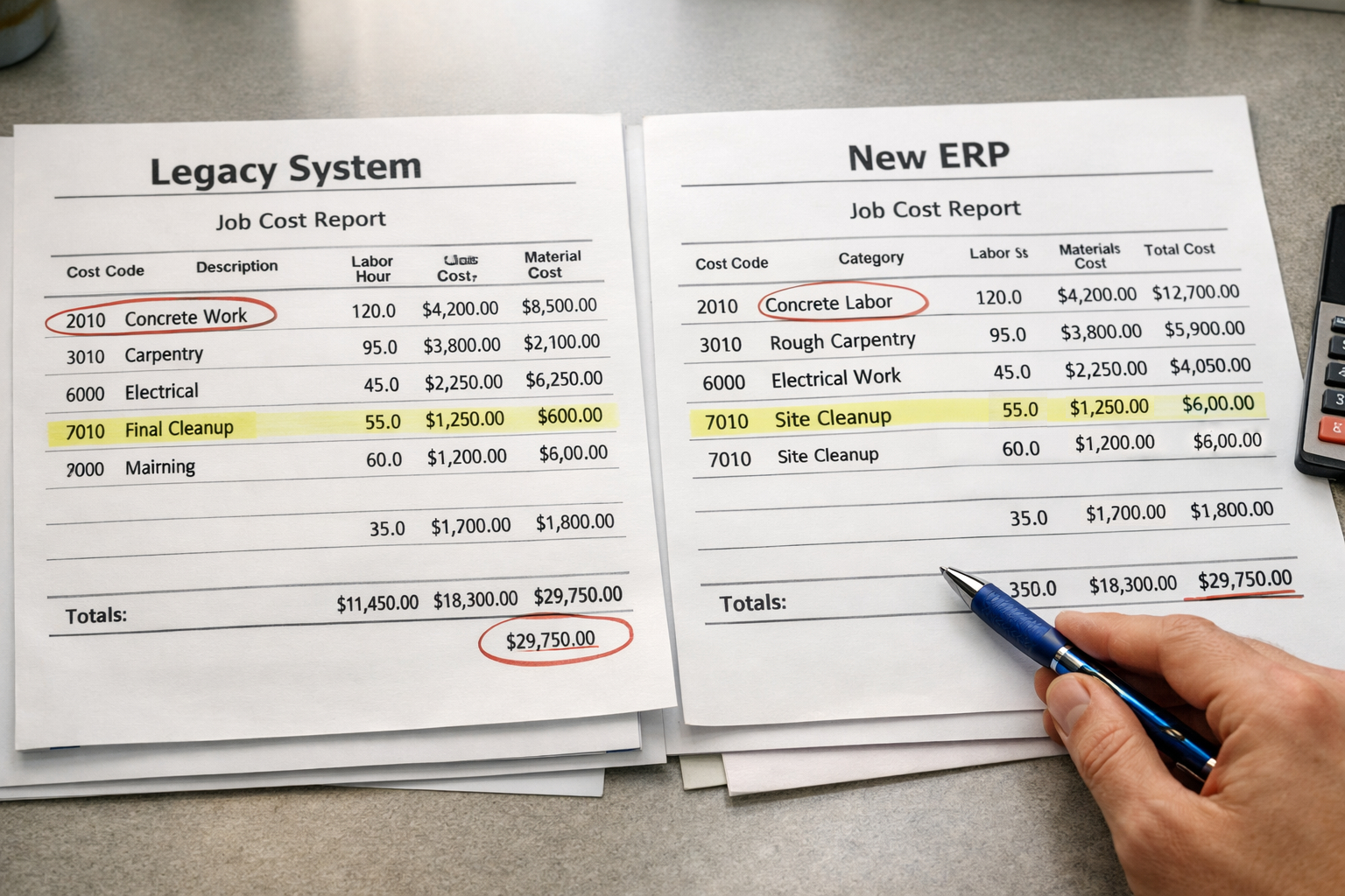 Comparing job cost reports before and after a construction data migration