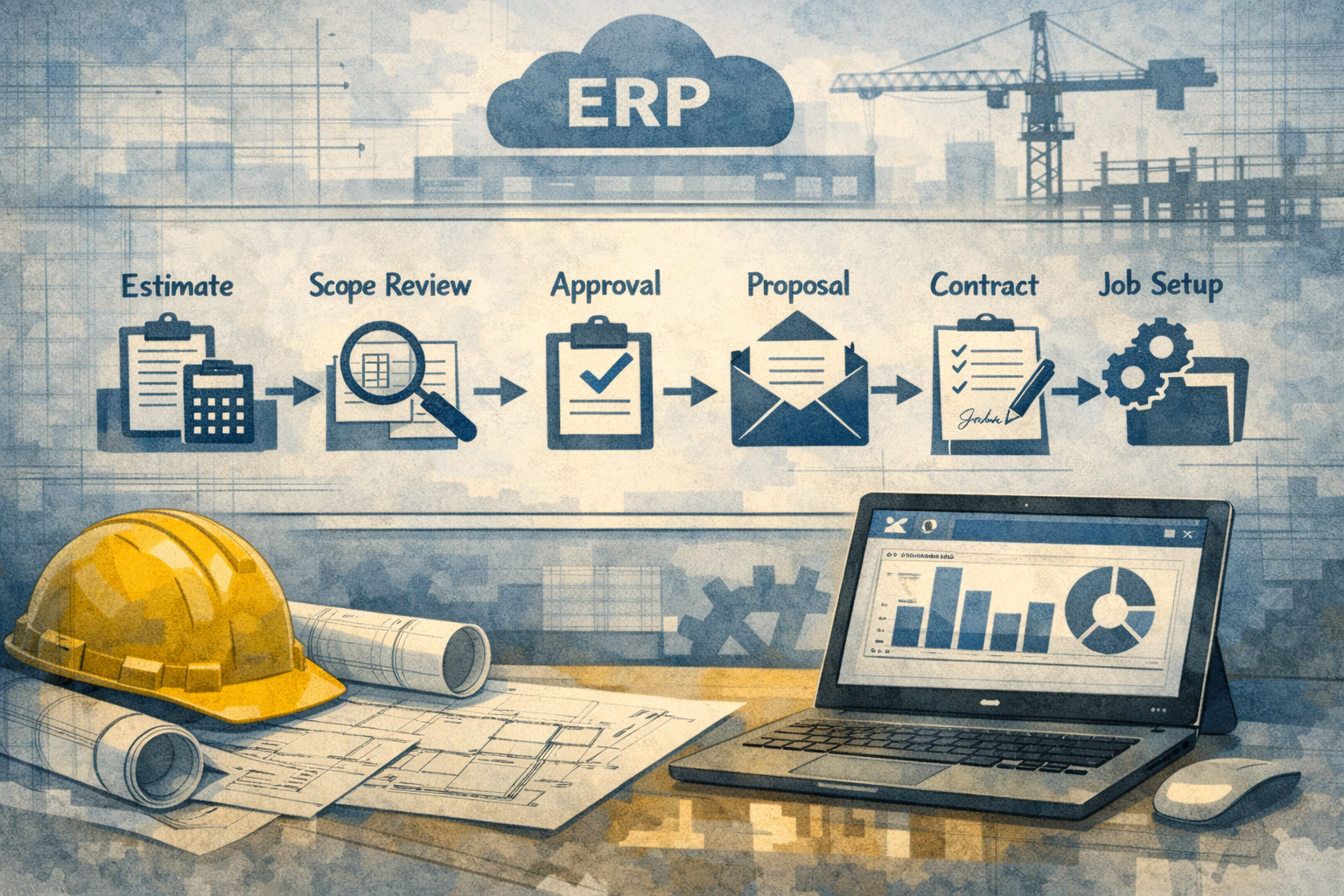 Diagram-style illustration of a contractor bid-to-contract workflow moving through an ERP system