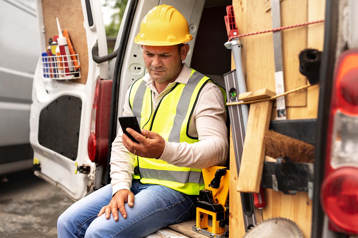 Field service technician checking a job update on a mobile phone next to a work van on site